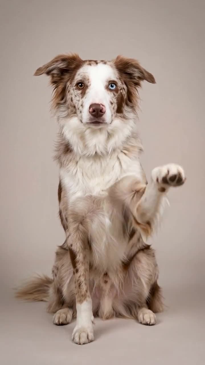 Nova: A digital dog lifts one front paw for a high five against a plain studio backdrop.